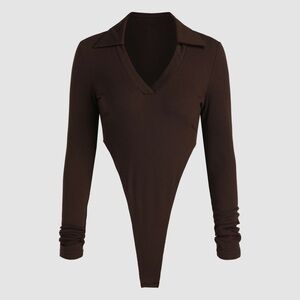 Cider Brown Long Sleeve Collared Bodysuit with High Thigh Cutout Detail
